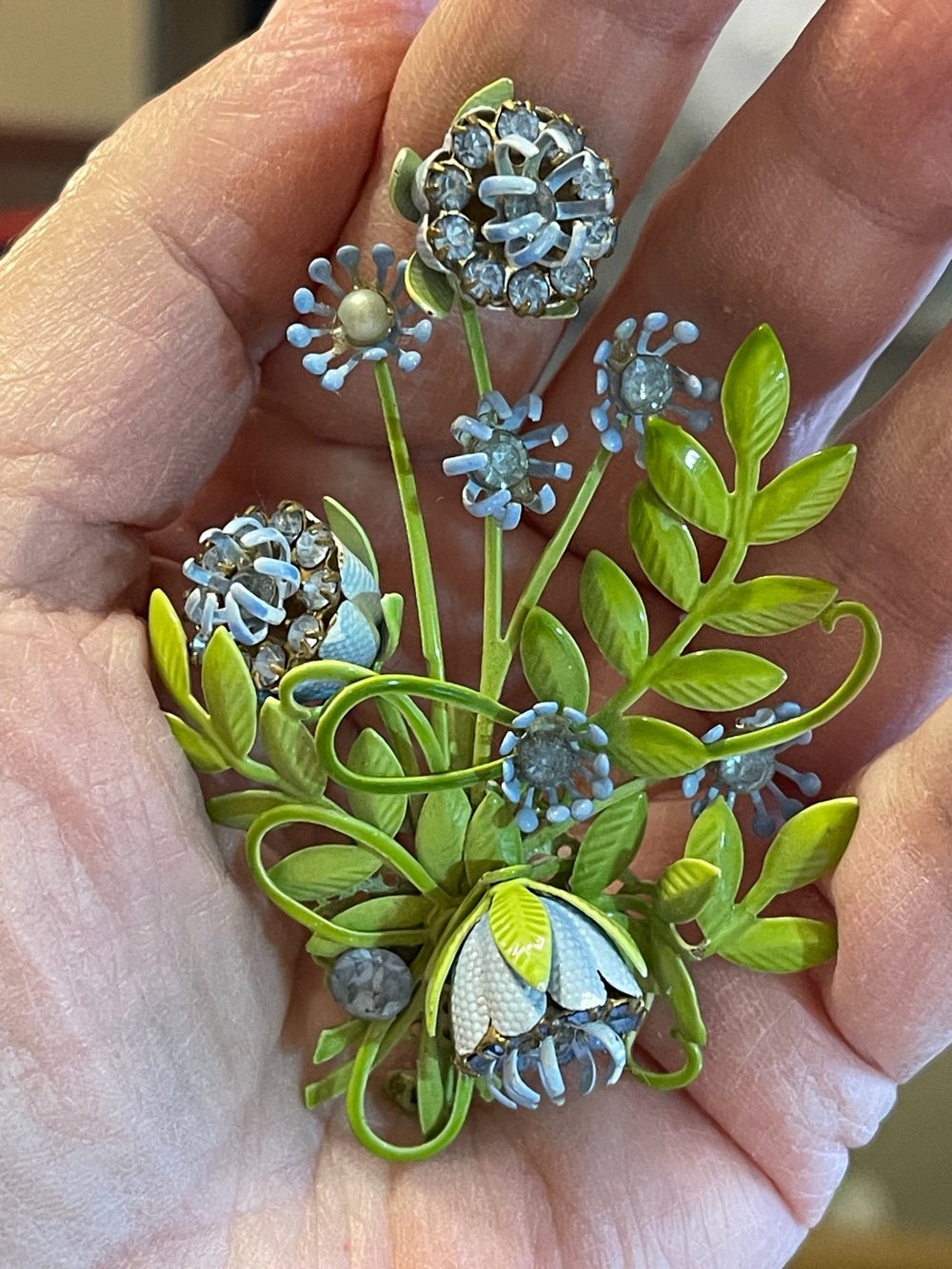 Vintage Floral Enamel and Rhinestone Brooch in Lime Green and Pale Blue.